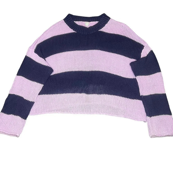 Aerie Women's Medium Striped Pullover Sweater Purple Navy Long Sleeve Cozy‎ Knit - Picture 2 of 4